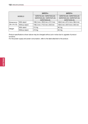 Page 132132
ENGENGLISH
SPECIFICATIONS
MODELS50PZ75
** 60PZ75
**
50PZ750-ZA / 50PZ750G-ZA 
50PZ750S-ZA / 50PZ750T-ZA  50PZ750W-ZA 60PZ750-ZA / 60PZ750G-ZA 
60PZ750S-ZA / 60PZ750T-ZA  60PZ750W-ZA
Dimensions
(W x H x D)  With stand
1185.2 mm x 782.6 mm x 317.2 mm
1404.0 mm x 911.4 mm x 364.4 mm
Without stand1185.2 mm x 714.0 mm x 49.6 mm1404.0 mm x 837.8 mm x 49.6 mm
WeightWith stand31.5 kg
46.3 kg
Without stand27.9 kg40.3 kg
Product specifications shown above may be changed without prior notice due to upgrade of...