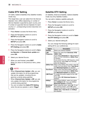 Page 3232
ENGENGLISH
WATCHING	TV
Cable	DTV	Setting
The range that a user can select from the Service 
Operator menu differs depending on number of 
Service Operator supported by each country, and 
if number of supported Service Operator for each 
country is 1, corresponding function becomes non-
activation.
1 Press Home to access the Home menu.
2 Press the Navigation buttons to scroll to 
SETUP and press OK. 
3 Press the Navigation buttons to scroll to 
SETUP and press OK.
4 Press the Navigation buttons to...