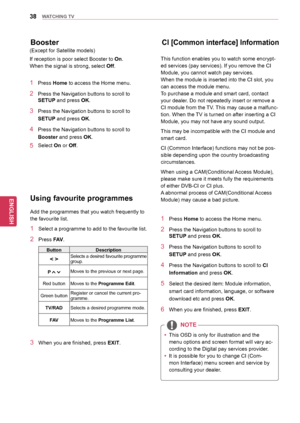 Page 3838
ENGENGLISH
WATCHING	TV
Booster
1 Press Home to access the Home menu.
2 Press the Navigation buttons to scroll to 
SETUP and press OK. 
3 Press the Navigation buttons to scroll to 
SETUP and press OK.
4 Press the Navigation buttons to scroll to 
Booster and press OK.
5 Select On or Off.
If reception is poor select Booster to On.
When the signal is strong, select 
Off.
(Except for Satellite models)
Using	favourite	programmes
Add the programmes that you watch frequently to 
the favourite list.
1 Select a...