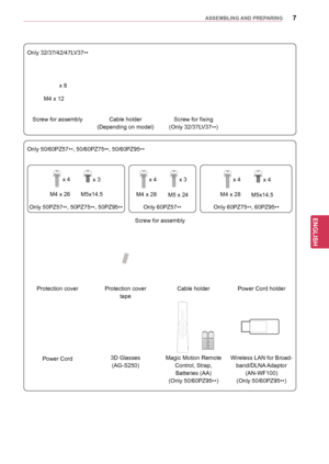 Page 77
ENGENGLISH
ASSEMBLING	AND	 PREPARING
Only 32/37/42/47LV37**
x 8
M4 x 12
Screw for assembly Cable holder
(Depending on model) Screw for fixing
(Only 32/37LV37 **)
Only 50/60PZ57**, 50/60PZ75
**,
 50/60PZ95
**
x 4 x 3
M4 x 26 M5x14.5x 4 x 3
M4 x 28 M5 x 24x 4x 4
M4 x 28 M5x14.5
Only 50PZ57
**, 50PZ75
**, 50PZ95
** Only 60PZ57
** Only 60PZ75
**, 60PZ95
**
Screw for assembly
Protection cover Protection cover
tape Cable holder
Power Cord holder
Power Cord 3D Glasses
(AG-S250) Magic Motion Remote 
Control,...