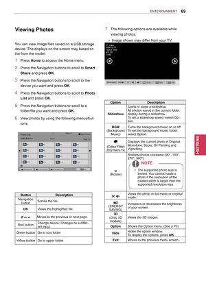 Page 6969
ENGENGLISH
ENTERTAINMENT
		Viewing	Photos
You can view image files saved on a USB storage 
device. The displays on the screen may based on 
the from the model.
1  Press Home to access the Home menu.
2  Press the Navigation buttons to scroll to Smart	Share and press OK.
3  Press the Navigation buttons to scroll to the device you want and press  OK. 
4  Press the Navigation buttons to scroll to Photo	
List and press OK.
5  Press the Navigation buttons to scroll to a folder/file you want and press  OK.
6...