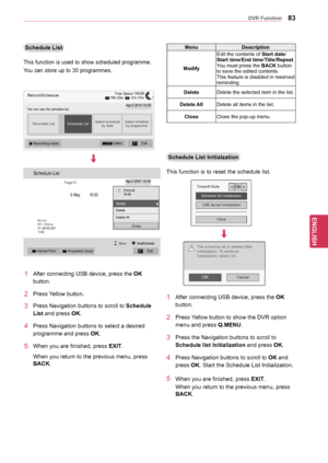 Page 8383
ENGENGLISH
	DVR	Function
	Schedule	List
This function is used to show scheduled programme. 
You can store up to 30 programmes.
Record/Schedule
You can see the schedule list.Apr.2 2010 15:30
Recorded ListSchedule ListSelect schedule 
by dateSelect schedule by programme
 OptionExit Recording starts
Free Space 100GB 79h 03m    31h 37m
TitleStart Date6 May   16:00   Friend1
6 May   18:00       Friend2Start Time
Page1/1
Remind
DTV 19 Dave
(Fri.)06/05/2007
16:00
Schedule List
ꔀ
Modify
Delete
Delete All...