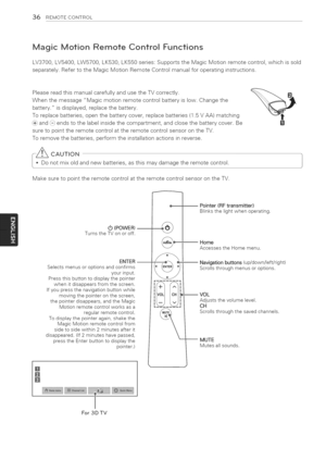 Page 36  
36REMOTECONTROL 
MagicMotionRemoteControlFunctions 
LV3700,LV5400,LW5700,LK530,LK550series:SupportstheMagicMotionremotecontrol,whichissold 
separately.RefertotheMagicMotionRemoteControlmanualforoperatinginstructions. 
PleasereadthismanualcarefullyandusetheTVcorrectly. 
WhenthemessageMagicmotionremotecontrolbatteryislow.Changethe 
battery.isdisplayed,replacethebattery. 
Toreplacebatteries,openthebatterycover,replacebatteries(1.5VAA)matching...