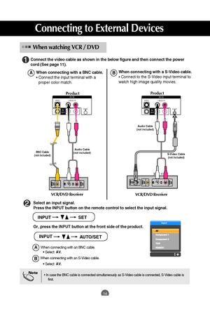 Page 15
14
Connecting to External Devices
When connecting with an BNC cable.• Select   AV. 
When connecting with an S-Video cable.
•  Select   AV. 

BA

L-AUDIO-R
VIDEO
AV
OUT AV INS-VIDEO

When connecting with a S-Video cable.
•
 Connect to the S-Video input terminal to
watch high image quality movies.
Connect the video cable as shown in the below figure and then connect th\
e power
cord (See page 11).
BWhen connecting with a BNC cable.
•
 Connect the input terminal with a
proper color match.
A
BNC Cable
(not...