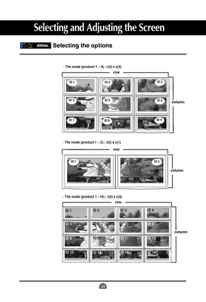 Page 30
29
Selecting and Adjusting the Screen

ID 1ID 2
row
column
- Tile mode (product 1 ~ 2) : r(2) x c(1)

Selecting the options 
column
row
- Tile mode (product 1 ~ 9) : r(3) x c(3)
ID 1ID 2ID 3
ID 4ID 5ID 6
ID 7ID 8ID 9

column
row
- Tile mode (product 1 ~16) : r(4) x c(4)

ID 1ID 5
ID 9
ID 13 ID 2
ID 6
ID10
ID 14 ID 3
ID 7
ID 11
ID 15 ID 4
ID 8
ID 12
ID 16
 