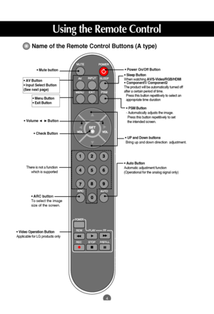 Page 5
4
Using the Remote Control

•Power On/Off Button

•AV Button•Input Select Button
(See next page)
•Sleep Button
When watching  AV/S-Video/RGB/HDMI
•Component1/ Component2The product will be automatically turned off
after a certain period of time.
Press this button repetitively to select an
appropriate time duration
• Menu Button•Exit Button
•Auto Button
Automatic adjustment function
(Operational for the analog signal only)
•Check Button
•Video Operation Button
Applicable for LG products only
•Volume...