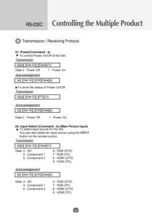 Page 46
Transmission / Receiving Protocol

01. Power(Command : a)To control Power On/Off of the Set.
Transmission
[k][a][ ][Set ID][ ][Data][Cr]
Data 0 : Power Off          1 : Power On
Acknowledgement
[a][ ][Set ID][ ][OK][Data][x]
To show the status of Power On/Off.
Transmission
[k][a][ ][Set ID][ ][FF][Cr]
Acknowledgement
[a][ ][Set ID][ ][OK][Data][x]
Data 0 : Power Off           1 : Power On
02. Input Select (Command : b) (Main Picture Input) To select input source for the Set.
You can also select an input...