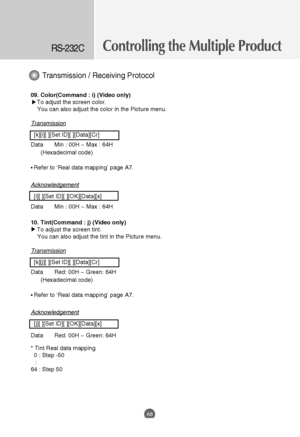 Page 50
Controlling the Multiple ProductRS-232C
A8
Transmission / Receiving Protocol

09. Color(Command : i) (Video only)To adjust the screen color.You can also adjust the color in the Picture menu.
Transmission
[k][i][ ][Set ID][ ][Data][Cr]
Data Min : 00H ~ Max : 64H (Hexadecimal code)
• Refer to ‘Real data mapping’ page A7.
Acknowledgement
[i][ ][Set ID][ ][OK][Data][x]
Data Min : 00H ~ Max : 64H 
10. Tint(Command : j) (Video only) To adjust the screen tint.You can also adjust the tint in the Picture menu....
