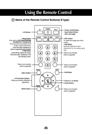 Page 7
6
Using the Remote Control

Name of the Remote Control Buttons( B type)

123
456
78
0
9
*
•AV Button
•Sleep ButtonWhen watching AV/S-Video/RGB/HDMI/Component1/ Component2The product will be automatically turned
off after a certain period of time.
Press this button repetitively to
select an appropriate time duration
•PSM Button
- Automatically adjusts the image.
Press this button repetitively to set the intended screen. 
• Menu Button
•Check Button
•Volume          Button
•Mute button
There is not a...