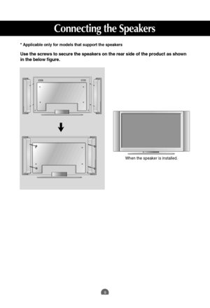 Page 10
9
Connecting the Speakers

Use the screws to secure the speakers on the rear side of the product as\
 shown
in the below figure.

* Applicable only for models that support the speakers When the speaker is installed.
 