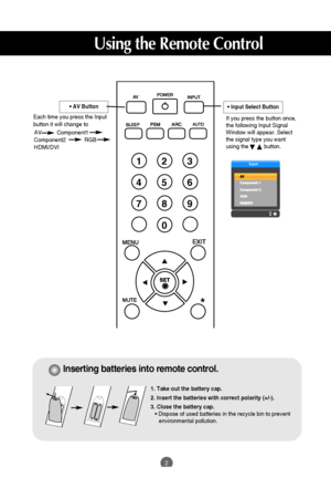 Page 32
Input
Using the Remote Control
AV          Component1
Component2            RGB           
HDMI/DVI
•AV Button
Each time you press the Input
button it will change to 
123
456
78
0
9
*
If you press the button once,
the following Input Signal
Window will appear. Select
the signal type you want
using the          button.
•Input Select Button
1. Take out the battery cap.
2. Insert the batteries with correct polarity (+/-).
3. Close the battery cap.
• Dispose of used batteries in the recycle bin to prevent...