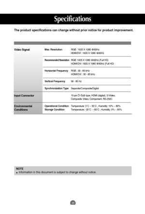 Page 3029
Specifications        
NOTE
Information in this document is subject to change without notice.
Max. ResolutionRGB : 1920 X 1080 @60Hz 
HDMI/DVI : 1920 X 1080 @60Hz 
Recommended ResolutionRGB :1920 X 1080 @60Hz (Full HD)
HDMI/DVI :1920 X 1080 @60Hz
(Full HD)
Horizontal FrequencyRGB : 30 - 83 kHz
HDMI/DVI : 30 - 83 kHz
Vertical Frequency56 - 85 Hz
Synchronization TypeSeparate/Composite/Digital
15-pin 
D-Subtype, HDMI (digital), S-Video, 
Composite Video, Component, RS-232C
Operational...