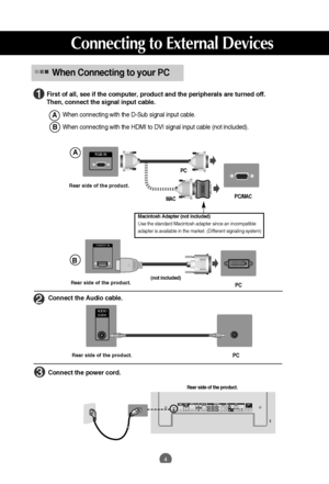 Page 54
RGB IN
HDMI/DVI IN
First of all, see if the computer, product and the peripherals are turned off. 
Then, connect the signal input cable.
When connecting with the D-Sub signal input cable.
When connecting with the HDMI to DVI signal input cable (not included).
MAC
Macintosh Adapter (not included)
Use the standard Macintosh adapter since an incompatible
adapter is available in the market. (Different signaling system)
OUT
INVIDEOL-AUDIO-R
VIDEOYP BP RRGB INRGB OUT HDMI/DVI INL-AUDIO-RCOMPONENT IN
AV
OUTAV...