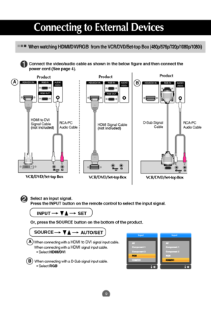 Page 109
RGB IN
RGB OUT HDMI/DVI IN
AUDIO(RGB/DVI)RGB IN
RGB OUT HDMI/DVI IN
AUDIO(RGB/DVI)
Connect the video/audio cable as shown in the below figure and then connect the
power cord (See page 4).
RCA-PC 
Audio Cable
Product
VCR/DVD/Set-top Box
HDMI to DVI
Signal Cable
(not included)
InputInput
When watchingHDMI/DVI/RGB from the VCR/DVD/Set-top Box (480p/576p/720p/1080p/1080i)
VCR/DVD/Set-top Box
Product
Select an input signal.
Press the INPUT button on the remote control to select the input signal. 
Or, press...