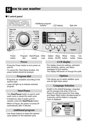 Page 19
19

1%
Rinse Temp. 40°C
3
1:15Time Left
Washing

ow to use washerH
Start/Pa\bse
b\btt\fn Opti\fn
b\btt\fn Beep
On/Off
P\fwer
b\btt\fn Spin dial
T\bb
Clean
Rinse
b\btt\fn Temp.
b\btt\fn
Power
• Press the P\fwer b\btt\n\fn t\f t\brn p\fwer \fn and \fff.
• T\f cancel the Time \nDelay f\bncti\fn, the p\fwer b\btt\fn sh\f\bld be \npressed.
L\bD di\fplay
• The display sh\fws the\n settings, estimatedtime remaining, \fpti\fns, \nand stat\bs
messages f\fr y\f\br washer\n. 
The display will rem\nain \fn...