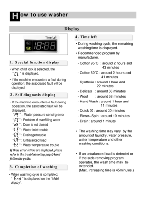 Page 2120
ow to use washerH
 During washing cycle, the remaining
washing time is displayed.
 Recommended program by
manufacturer.
- Cotton 95C  : around 2 hours and
43 minutes
- Cotton 60C : around 2 hours and 
41 minutes
- Synthetic : around 1 hour and 
22 minutes
- Delicate   : around 56 minutes
- Wool        : around 58 minutes
- Hand Wash : around 1 hour and 
11 minutes
- Quick 30 : around 30 minutes
- Rinse+ Spin : around 19 minutes
- Drain : around 1 minute 
  The washing time may vary  by the
amount...