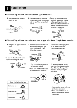 Page 98
nstallationI
Normal Tap without thread & screw type inlet hose
Normal Tap without thread & one touch type inlet hose (Single inlet models)
1.Unscrew the fixing screw to
attach the tap.2.Push the connector up till the
rubber packing is in tight contact
with the tap. Then tighten the 4
screws.3.Push the water supply hose
vertically upwards so that the
rubber packing within in the
hose can adhere completely to
the tap and then tighten it by
screwing it to the right.
1.Untighten the upper connector...