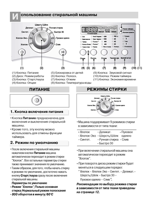 Page 1414
спользование стиральной машиныИ
(1) Кнопка: Питание
(2) Диск: Режим работы
(3) Кнопка: Старт/пауза
(4) Кнопка: Опции(5) Блокировка от детей
(6) Кнопка: Полоск.
(7) Кнопка: Отжим
(8) Кнопка: Температура воды(9) Кнопка:  Звуковой сигнал
(10) Кнопка: Режим таймера
(11) Кнопка: Экономия времени 
1. Кнопка включения питания
2. Режим по умолчанию
ПИТАНИЕ
• Кнопка Питаниепредназначена для
включения и выключения стиральной
машины.
• Кроме того, эту кнопку можно
использовать для отмены функции
таймера.
• После...