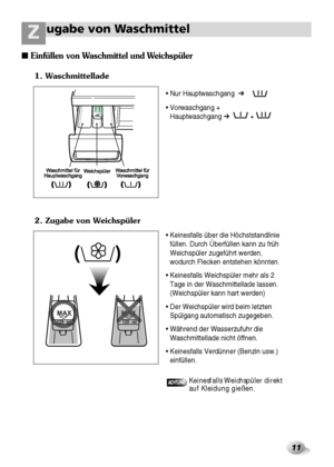 Page 1211
ugabe von Waschmittel Z
• Nur Hauptwaschgang  ➔
• Vorwaschgang +
Hauptwaschgang ➔
• Keinesfalls über die Höchststandlinie
füllen. Durch Überfüllen kann zu früh
Weichspüler zugeführt werden,
wodurch Flecken entstehen könnten.
• Keinesfalls Weichspüler mehr als 2
Tage in der Waschmittellade lassen.
(Weichspüler kann hart werden)
• Der Weichspüler wird beim letzten
Spülgang automatisch zugegeben.
• Während der Wasserzufuhr die
Waschmittellade nicht öffnen.
• Keinesfalls Verdünner (Benzin usw.)...