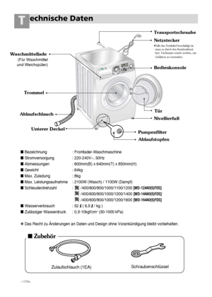 Page 54
echnische DatenT
 Bezeichnung : Frontlader-Waschmaschine
 Stromversorgung : 220-240V~, 50Hz
 Abmessungen : 600mm(B) x 640mm(T) x 850mm(H)
 Gewicht : 64kg
 Max. Zuladung : 8kg
 Max. Leistungsaufnahme : 2100W (Wasch) / 1100W (Dampf)
 Schleuderdrehzahl : /400/600/800/1000/1100/1200
[WD-12440(5)FDS]
/400/600/800/1000/1200/1400 [WD-14440(5)FDS]
/400/600/800/1000/1200/1600 [WD-16440(5)FDS]
 Wasserverbrauch : 52N N
( 6,5N N
/ kg )
 Zulässiger Wasserdruck : 0,3-10kgf/cm
2(30-1000 kPa)
❋Das Recht...