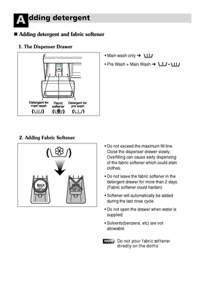 Page 4140
dding detergentA
• Main wash only ➔
• Pre Wash + Main Wash ➔
• Do not exceed the maximum fill line.
Close the dispenser drawer slowly.
Overfilling can cause early dispensing
of the fabric softener which could stain
clothes.
• Do not leave the fabric softener in the
detergent drawer for more than 2 days.
(Fabric softener could harden)
• Softener will automatically be added
during the last rinse cycle.
• Do not open the drawer when water is
supplied.
• Solvents(benzene, etc) are not
allowable.
1. The...