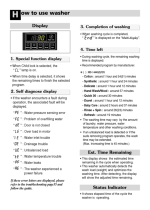 Page 5150
ow to use washerH
• If the washer encounters a fault during
operation, the associated fault will be
displayed.
“       ” : Water pressure sensing error
“       ” : Problem of overfilling water
“       ” : Door is not closed
“       ” : Over load in motor
“       ” : Water inlet trouble
“       ” : Drainage trouble
“       ” : Unbalanced load
“       ” : Water temperature trouble
“       ” : Water leaks
“       ” : The washer experienced a
power failure.
If these error letters are displayed, please...