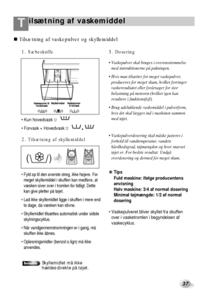 Page 12ilsætning af vaskemiddelT
37
 Kun hovedvask U
 Forvask + Hovedvask U
 Fyld op til den øverste streg, ikke højere. For
meget skyllemiddel i skuffen kan medføre, at
væsken siver over i tromlen for tidligt. Dette
kan give pletter på tøjet.
 Lad ikke skyllemidlet ligge i skuffen i mere end
to dage, da væsken kan stivne.
 Skyllemidlet tilsættes automatisk under sidste
skylningscyklus.
 Når vandgennemstrømningen er i gang, må
skuffen ikke åbnes.
 Opløsningsmidler (benzol o.lign) må ikke
anvendes.
1....