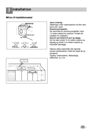 Page 6nstallationI
31
Jævnt underlag:
Hældningen under vaskemaskinen må ikke være
større end 1 grad.
Strømforsyningskilde:
Der skal findes en strømforsyningskilde i højst
1,5 meters afstand fra maskinen. Kontakt aut
installatør for installation.
Sørg for god afstand til gulv og vægge:
Der må være mindst 10 cm mellem maskine og
bagvæg og mindst 2 cm mellem maskine og
eventuelle sidevægge.
Opbevar aldrig vaskemidler eller lignende
ovenpå vaskemaskinen. Dette kan skade lak og
styrepanel.
Tegning: Vaskemaskine,...