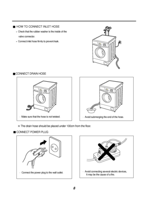 Page 98
HOW TO CONNECT INLET HOSE
Check that the rubber washer is the inside of the
valve connector.
Connect inlet hose firmly to prevent leak.
CONNECT DRAIN HOSE
CONNECT POWER PLUG
Make sure that the hose is not twisted.
The drain hose should be placed under 100cm from the floor.
Connect the power plug to the wall outlet.Avoid connecting several electric devices, 
It may be the cause of a fire.
Avoid submerging the end of the hose.
  