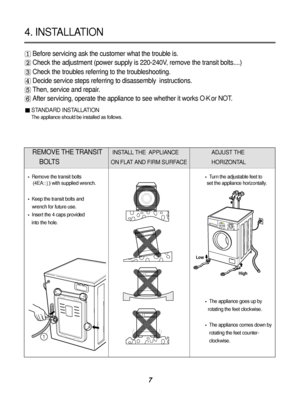 Page 87
Before servicing ask the customer what the trouble is.
Check the adjustment (power supply is 220-240V, remove the transit bolts....)
Check the troubles referring to the troubleshooting.
Decide service steps referring to disassembly  instructions.
Then, service and repair.
After servicing, operate the appliance to see whether it works OK or NOT.
STANDARD INSTALLATION
The appliance should be installed as follows.
REMOVE THE TRANSIT INSTALL THE  APPLIANCE ADJUST THE 
BOLTSON FLAT AND FIRM SURFACE...