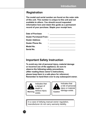 Page 35
Introduction
35

WarningCaution
 
To avoid any risk of personal injury, material damage
or incorrect use of the appliance, be sure to
observe the following safety precautions.
(After reading these owner’s instructions,
please keep them in a safe place for reference).
Remember to hand them over to any subsequent owner.
Indicates that
a danger of
death or
serious injury
exists.
Indicates that
a risk of personal
injury or material
damage exists.
In a case of defying manual owner regulation,
manufacturer do...