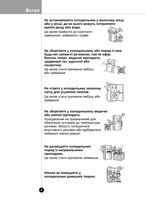 Page 8
8
Вступ

Не встановлюйти холодильник у вологому мiсцi 
або у мiсцi, де на нього можуть потрапляти 
краплi дощу або води.
Це може привести до короткого 
замикання, займання i травм.
Не зберiгайте у холодильнику або поряд iз ним
будь-якi займистi речовини, такi як ефiр, 
бензин, спирт, медичнi препарати, 
зрiджений газ, аурозолi або
косметику.
Це може стати причиною вибуху
або займання.
Не ставте у холодильник запалену 
свiчу для усунення запахiв.
Це може стати причиною вибуху або
займання.
Не зберiгайте...