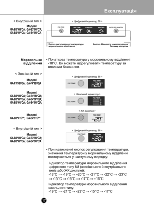 Page 17
Експлуатація
17

• Початкова температура у морозильному відділенні
  -18°C. Ви можете відрегулювати температуру за
  власним бажанням.
• При натисненні кнопок регулювання температури,
  значення температури у морозильному відділенні
  повторюються у наступному порядку:
Індикатор температури морозильного відділення
шкального типу:
< Цифровий індикатор 88 >
< Шкальний індикатор >
Індикатор температури морозильного відділення
цифрового типу 88 (зовнішнього й внутрішнього
типів або ЖК дисплей:
-19°C →...