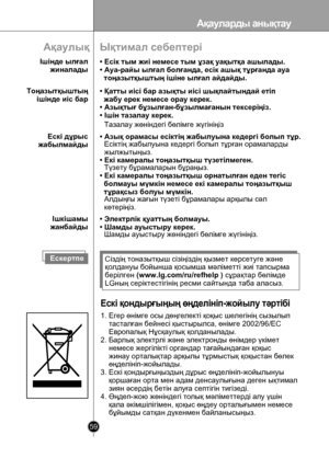 Page 59
Ақауларды анықтау
59

Сiздiң тоназытқыш сiзiңiздiң қызмет көрсетуге жəне 
қолдануы бойынша қосымша мəлiметтi жиi тапсырма 
берiлген (www.lg.com/ru/refhelp ) сұрақтар бөлiмде 
LGның серiктестiгiнiң ресми сайтында таба аласыз.
Ықтимал себептері
• Есік тым жиі немесе тым ұзақ уақытқа ашылады.
• Ауа-райы ылғал болғанда, есік ашық тұрғанда ауа
  тоңазытқыштың ішіне ылғал айдайды. 
• Қатты иісі бар азықты иісі шықпайтындай етіп 
  жабу ерек немесе орау керек.
• Азықтығ бұзылған-бұзылмағанын тексеріңіз.
• Ішін...