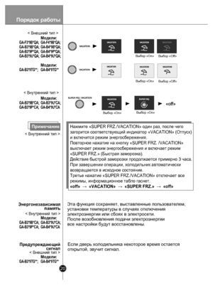 Page 20Порядок  работы
20
Выбор «On»
Выбор «Off»
Выбор «On» Выбор «Off»
/
ПримечаниеНажмите «SUPER FRZ./VACATION» один раз, после чего 
загорится соответствующий индикатор «VACATION» (Отпуск) 
и включится режим энергосбережения. 
Повторное нажатие на кнопку «SUPER FRZ. /VACATION» 
выключает режим энергосбережения и включает режим 
«SUPER FRZ.» (Быстрая заморозка). 
Действие быстрой заморозки продолжается примерно 3 часа. 
При завершении операции, холодильник автоматически 
возвращается в исходное состояние....