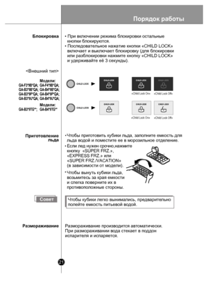 Page 2121
Блокировка
Если ле д нужен сро чно,нажмит е
кноп ку  «SUPER FRZ.»,
«EXPRESS FRZ.» 
или 
«SUPER FRZ./VACATION»
(в зависимости от модели).
«Child Lock On» «Child Lock Off»
 «Child Lock On»
«Child Lock Off»
СоветЧтобы  ку бики лег ко вынимались, пр едв арит ельно
п олейт е емк ость питьев ой водой.
Р азморажив ание произв одит ся а втома тически.
При р азморажив ании во да ст екае т в п оддон 
испари те ля и испа ряется.

• При включении режима блокировки остальные
  кнопки блокиру ются.
• Последователь...