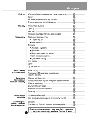 Page 33Мазмұны
33
Тоңазытқыш
Мұздатқыш
Функции
Жылдам мұздату
Құлыптап тастау
Есікті қарсы
беттегі тарапқа іліп қою рəсімі Есікті қарсы беттегі тарапқа іліп қою рəсіміДемалыс
Ескерту
35
35
43
45
45
47
47
48
49
49
49
51
51
51
52
53
55
55
58
59
61
61
Тіркеу
ҚТ жөніндегі маңызды нұсқаулар
Тоңазытқыштың негізгі бөліктері
Орнату
Іске қосу
Температураны реттеу
Мұз жасау
Еріту
Су диспенсері
Азық сақтау
Тоңазытқышпен жұмыс істеудегі ерекшеліктер
Тазалау Жалпы мəліметтер
Ықтимал себепт
ері
56Шамды ауыстыру...