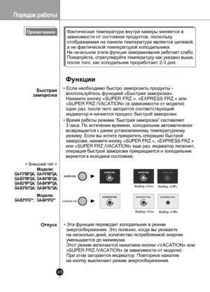 Page 48
Порядок работы
48

• Если необходимо быстро заморозить продукты - 
  воспользуйтесь функцией «Быстрая заморозка». 
  Нажмите кнопку «SUPER FRZ.», «EXPRESS FRZ.» или 
  «SUPER FRZ./VACATION» (в зависимости от модели) 
  один раз, после чего загорится соответствующий 
  индикатор и начнется процесс быстрой заморозки.
• Время работы режима “Быстрая заморозка” составляет 
  3 часа. По истечении времени, холодильник автоматически 
  возвращается к ранее установленному температурному 
  режиму. Если вы хотите...