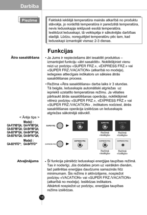 Page 18
18
Ja Jums ir nepieciešams ātri iesaldēt produktus – 
izmantojiet funkciju «ātri sasaldēt». Noklikšķiniet vienu 
reizi uz podziņu «SUPER FRZ.», «EXPRESS FRZ.» vai 
«SUPER FRZ./VACATION» (atkarībā no modeļa), 
iedegsies attiecīgais indikators un sāksies ātrās 
sasaldēšanas process.
Režīma «Ātra sasaldēšana» darba laiks ir 3 stundas. 
Tā beigās, ledusskapis automātiski atgriežas  uz 
iepriekš uzstatīto temperatūras režīmu. Ja vēlaties 
pārtraukt ātrās sasaldēšanas operāciju, noklikšķiniet 
vēlreiz podziņu...