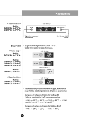 Page 75
75
• Sügavkülma algtemperatuur on -18°C . 
  Seda võib vastavalt soovile muuta.
• Vajutades temperatuuri kontrolli nuppe, korratakse
  sügavkülma sisetemperatuure järgmises järjekorras:
Juhtpaneel valgus indikaatorite tüübiga BAR:
< LED 88 tüüp >
< LED BAR tüüp >
Juhtpaneel valgus indikaatorite tüübiga 88 
(välis-ja sisetüüpidel ) või plasmaekraaniga:
-19°C → -21°C→ -23°C → -15°C → -17°C
-18°C → -19°C → -20°C → -21°C → -22°C → -23°C
→ -15°C → -16°C → -17°C 
< Plasmaekraan >
< Väline tüüp >
< Sisemine...