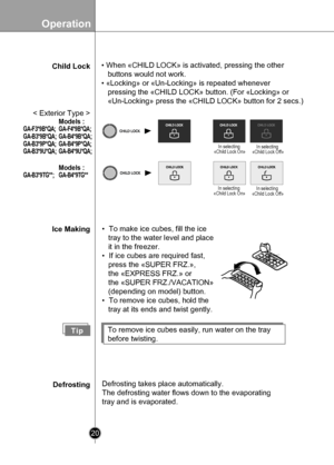 Page 20
Operation
20

Child Lock• When «CHILD LOCK» is activated, pressing the other
   buttons would not work.
• «Locking» or «Un-Locking» is repeated whenever
   pressing the «CHILD LOCK» button. (For «Locking» or 
   «Un-Locking» press the «CHILD LOCK» button for 2 secs.) \
Ice Making•  To make ice cubes, fill the ice
   tray to the water level and place 
   it in the freezer.
•  If ice cubes are required fast,
   press the «SUPER FRZ.»,
   the «EXPRESS FRZ.» or 
   the «SUPER FRZ./VACATION» 
   (depending...