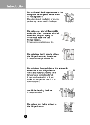 Page 8
8
Introduction

Do not install the fridge-freezer in the 
wet place or the place which water 
or rain splashes.
Deterioration of insulation of electric 
parts may cause electric leakage.
Do not use or store inflammable
materials ether, benzene, alcohol,
medicine, LP gas, spray or
cosmetics near orin the
fridge-freezer.
It may cause explosion or fire.
Do not place the lit candle within
the fridge-freezer to deodorize.
It may cause explosion or fire.
Do not store the medicine or the academic
materials at...