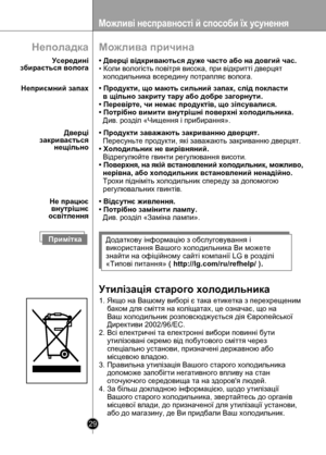 Page 29
Можливі несправності й способи їх усунення
29

Неполадка
                Усередині збирається волога
Можлива причина
• Дверці відкриваються дуже часто або на довгий час.
• Коли вологість повітря висока, при відкритті дверцят 
  холодильника всередину потрапляє волога.
Неприємний запах• Продукти, що мають сильний запах, слід покласти 
  в щільно закриту тару або добре загорнути.
• Перевірте, чи немає продуктів, що зіпсувалися.
• Потрібно вимити внутрішні поверхні холодильника. 
  Див. розділ «Чищення і...