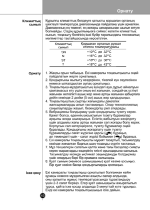 Page 45
Орнату
45

1. Жақсы орын табыңыз. Екі камералы тоңазытқышты оңай 
    пайдалатын жерге орнатыңыз.
2. Қондырғыны жылыту көздерінен, тікелей күн сəулесінен 
    немесе ылғалдықтан аулақ орнатыңыз.
3. Тоңазытқыш-мұздатқыштың ішіндегі ауа дұрыс айналуын 
    қамтамасыз ету үшін оның екі жағынан, сондай-ақ үстіңгі 
    жағынан жеткілікті ашық жер жəне артқы жағынан қабырғаға 
    дейін кемінде 2 дюйм (5 см) ашық жер қалдырыңыз.
4. Тоңазытқыштың сыртқы жағындағы дөңгелек 
    жапсырмаларды алып тастамаңыз....