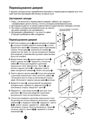 Page 30
30

1
4
32
32
1615
17
19
14
18
10
1213
31
32
56
798
10
19
10
3132
11
35
11

2
1
3
4
2.5
56
8
7
10
9
3.13
12
11
12
32
31
6.
15
14
18
14
15
1716
1716
35
324.
5.
19 
10
30
Перевішування дверей
Застережні заходи
1. Перш, ніж розпочати перевішування дверей, заберіть всі продукти 
    і незафіксовані деталі (полиці, лотки) з холодильника/морозильника.
2. Для відгвинчування чи загвинчування болта скористайтеся гайковим ключем.
3. Не кладіть холодильник/морозильник на підлогу. 
    Це може призвести до...