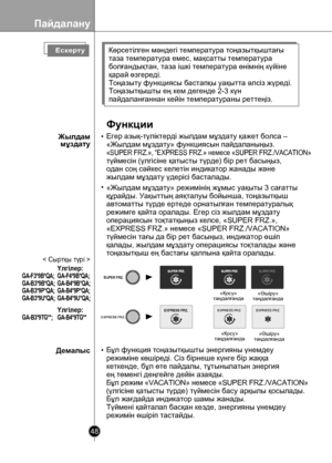 Page 48
Пайдалану
48

GA-B3*9TG**;Yлгілер:GA-B4*9TG** 
GA-F3*9B*QA; GA-B3*9B*QA;GA-B3*9P*QA;GA-B3*9U*QA;
Yлгілер:
GA-F4*9B*QA; GA-B4*9B*QA;GA-B4*9P*QA; GA-B4*9U*QA;

Егер азық-түліктерді жылдам мұздату қажет болса – 
«Жылдам мұздату» функциясын пайдаланыңыз.
«SUPER FRZ.», “EXPRESS FRZ.» немесе «SUPER FRZ./VACATION» 
түймесін (үлгісіне қатысты түрде) бір рет басыңыз, 
одан соң сəйкес келетін индикатор жанады жəне 
жылдам мұздату үдерісі басталады.
«Жылдам мұздату» режимінің жұмыс уақыты 3 сағатты 
құрайды....