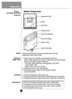 Page 52Operation
52
FeaturesInstall
Water Dispenser 
Please assemble the Valve Assembly after correctly
adjusting it with a Door Hole.
Filling of
W ate r T ank
Drinking 1. After turning the Handle Tank backward with the
    Water Ta
nk installed at the Door, Open the CapTank (Small) 
    and then fill water using a kettle etc.
    * Fill water while watching a sight glass on the front
      of the W ater Tank.
    * Water u p to 3,0  L 
can be filled.
2. Press and fix the Cap Tank (Small).
3. After filling...