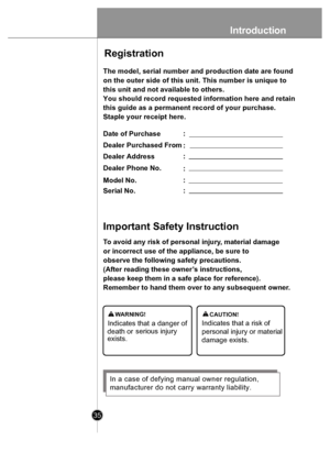 Page 35In tr odu ctio n
35
 
To avoid any risk of personal injur y, material damage
or incorrect use of the appliance, be sure to
observe the following safety precautions.
(After reading these owner ’s instructions,
please keep them in a safe place for reference).
Remember to hand them over to any subsequent owne r.
Indicates that a danger 
of
death or serious injury
exists. Indicates that a risk of 
personal injury or material 
damage exists. 
I
n  a  c a se  o f d e fy ing  manual  owner  regula tion ,
manu...