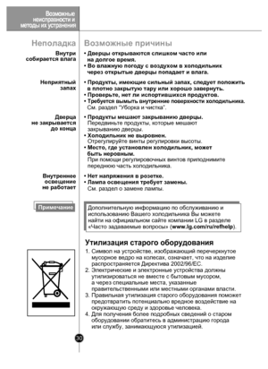 Page 3030
Возможные причины
• Дверцы открываются слишком часто или 
  на долгое время.
• Во влажную погоду с воздухом в холодильник 
  через открытые дверцы попадает и влага.  
• Продукты, имеющие  с и л ьный запах, след ует пол ожить  
  в плотно закрытую тару или хорошо завернуть.
• Проверьте, нет ли испортившихся продуктов.
• 
Тре бует ся вы мы ть внутренни е п ове рхно сти х ол одил ьни ка. 
  См. раздел “Уборка и чистка”.
• Продукты мешают закрыванию дверцы.  
Передвиньте продукты, которые мешают...