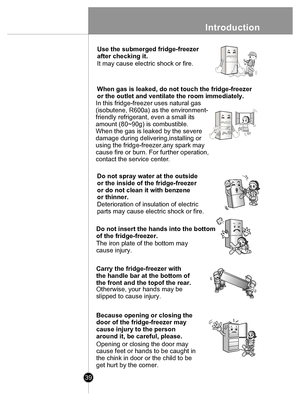 Page 39Introduction
39
 
Thinner
Use the submerged fridge-freezer 
after checking it. 
It may cause electric shock or fire.
When gas is leaked, do not touch the fridge-freezer
or the outlet and ventilate the room immediately.
In this fridge-freezer uses natural gas
(isobutene, R600a) as the environment-
friendly refrigerant, even a small its
amount (80~90g) is combustible. 
When the gas is leaked by the severe 
damage during delivering,installing or 
using the fridge-freezer,any spark may 
cause fire or burn....